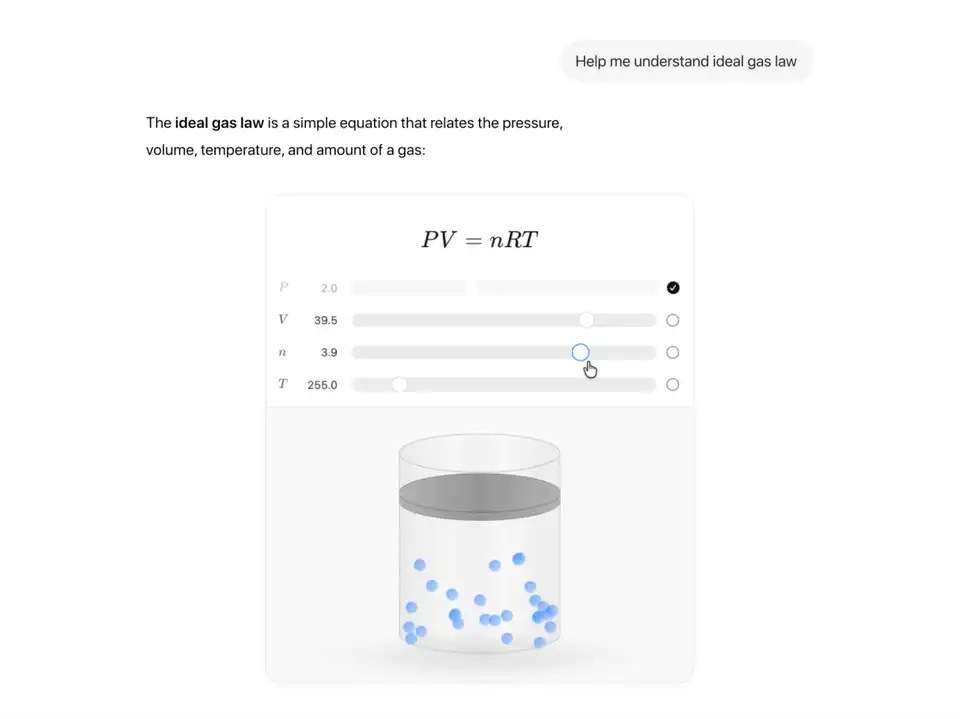 Интерфейс ChatGPT с интерактивной 3D-моделью цилиндра и графиками изменения давления и объема газа.